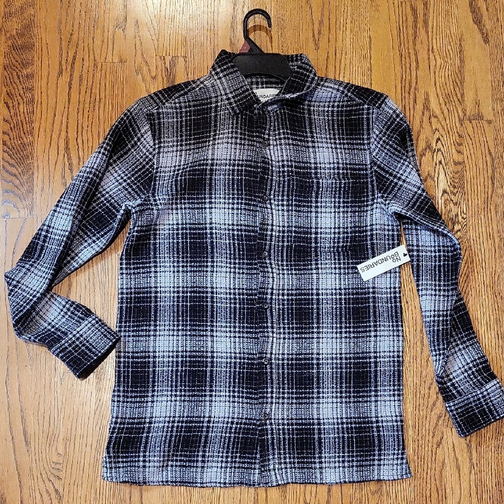 No Boundaries Mens SMALL TExtured  Plaid Button Down Shirt gravel ombre NWT cott